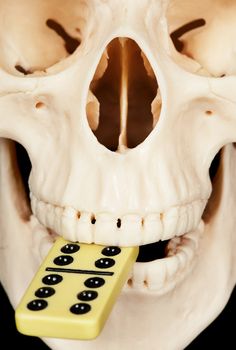 The human skull with dominoes in mouth