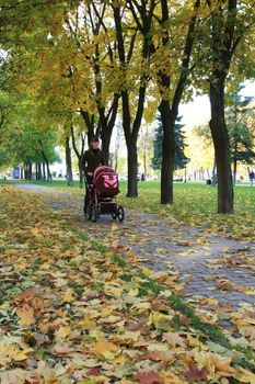 Young mother walks in park with the child