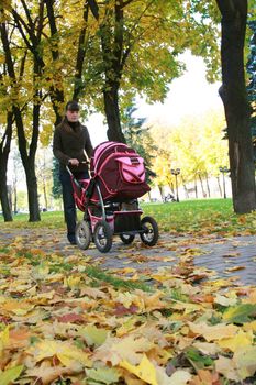 Young mother walks in park with the child