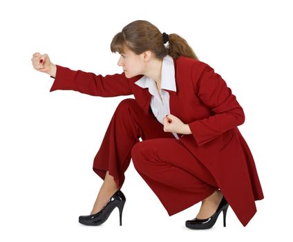 Young woman strikes at hand isolated on white background