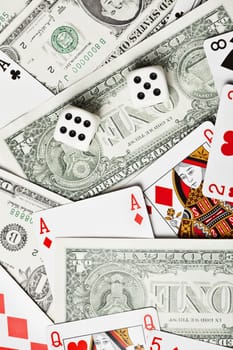 Background of the money, dice and playing cards
