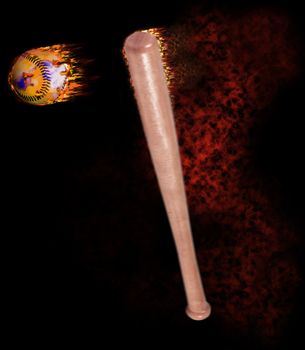 baseball bat hits ball with fire and flames