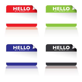 colourful paper tags with hello my name is