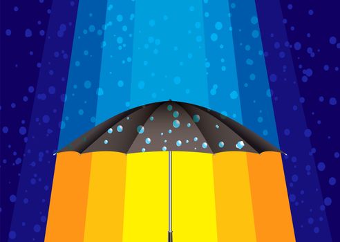 Winter rain drops background with umbrella and rays of sun