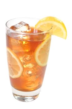 Glass of iced tea with lemons.  Isolated on white background with clipping path.