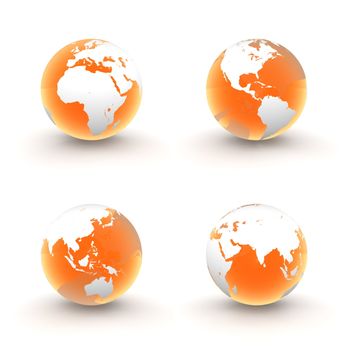 four views of a 3D globe with white continents and a shiny orange transparent ocean