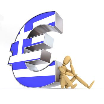 doll/lay figure sitting at/next to a metal Euro sign wondering - euro surface is textured with the greek flag