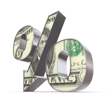 shiny metallic percentage symbol with an arrow down - front surface textured with a 5 Dollar note
