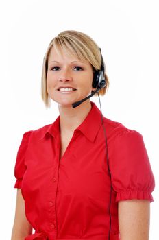 Blond female customer service representative with headset isolated on white background.