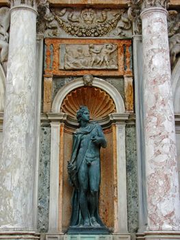 A statue at the base of the tower in Venice's St. Mark's Square.
