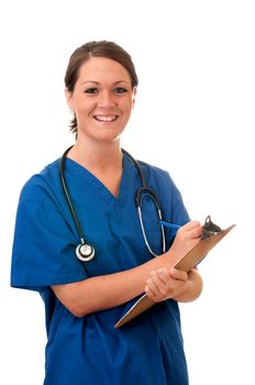 Female nurse with stethoscope and clipboard isolated on white background.