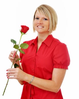 Blond girl holding red rose isolated on white background.