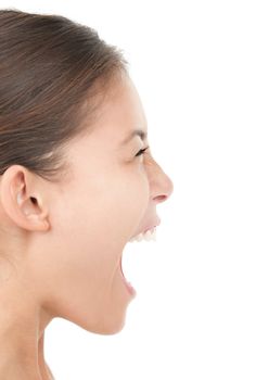 Screaming woman isolated portrait in profile. Cutout on white. 