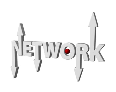 the word network with arrows and red ball - 3d illustration