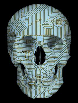 Human skull with circuit board pattern isolated on black background