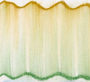 green and gold abstract background - wavy lines and vertical smudges of soft pastel crayons on white paper