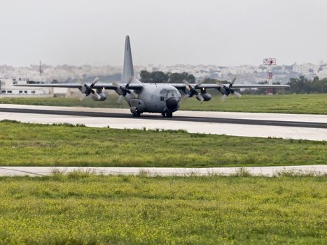 MALTA - OCTOBER 08 2008 - A Spanish Air Force Hercules C130 taking off from Luqa Airport in Malta