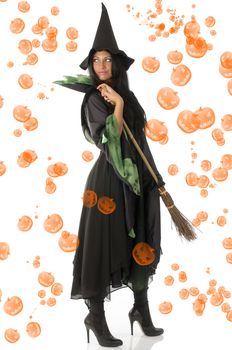 cute brunette in green and black witch dress with broom and hat isolated on white