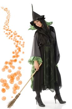 sad witch with long hat looking down her broom