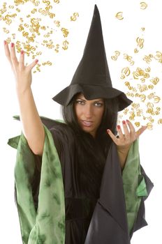pretty woman in witch dress making money from a spell