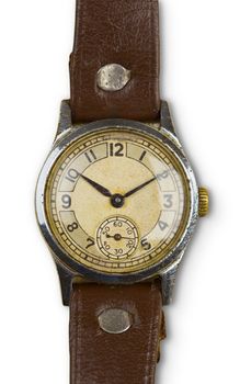 Vintage watches with leather strap, isolated on a white background