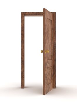 Open door on a white background. 3D image.