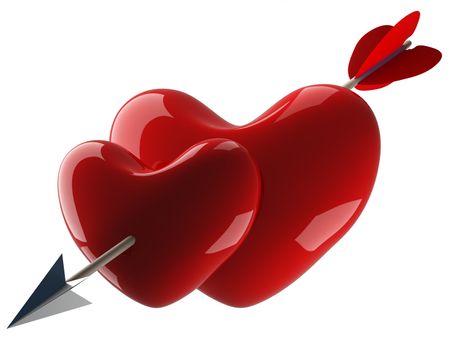 Two hearts pierced by an arrow. 3D image.