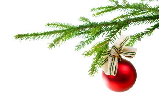 Christmas bauble  on background of the fur branches,red ball