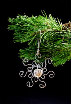 coniferous branch on dark background with toy cristmas