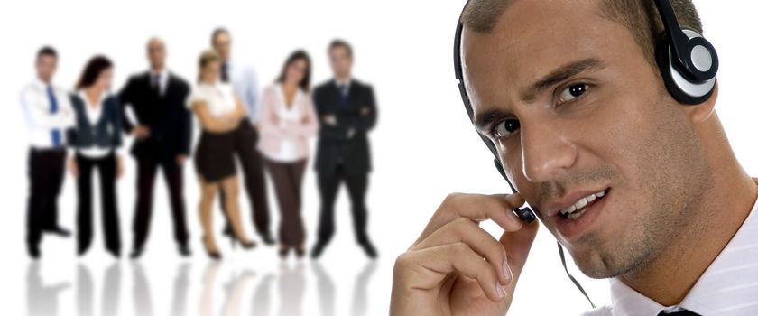 businessman busy on phone call and behind standing his workers