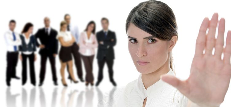 woman giving warning to you with large group of people