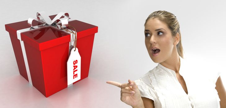 surprised blonde woman pointing towards red wrapped gift