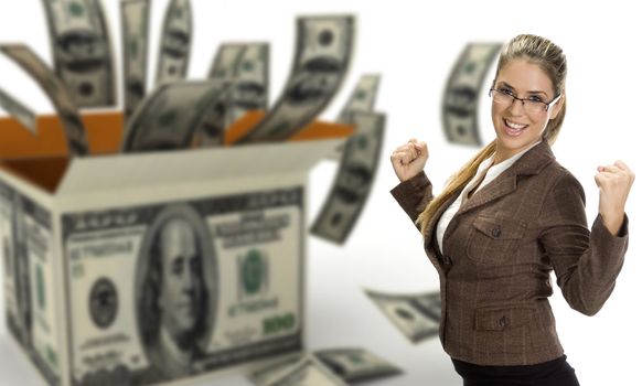 successful businesswoman wearing eyeglasses near box of currencies