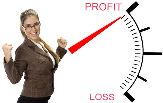 beautiful woman posing near profit loss meter