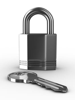 Isolated key and padlock on white background. 3D image