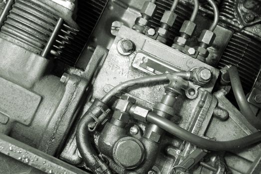 automobile mechanism .Part of a car engine.monochrome