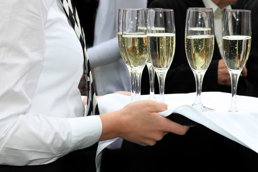 Waitress served champagne in a champagne reception - close-up