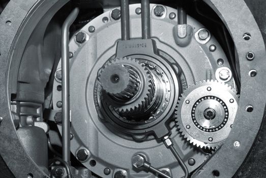 close up view of gears from old mechanism.monochrome
