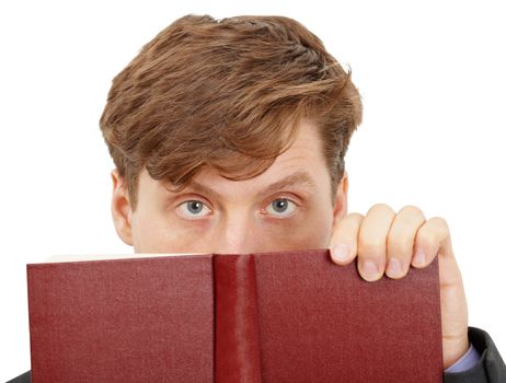 The person looks over the book, isolated on a white background