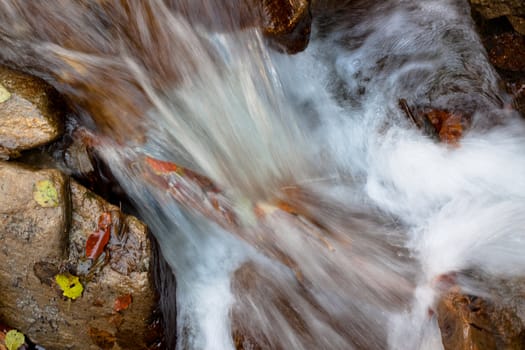 small waterfall, stones and leaves
