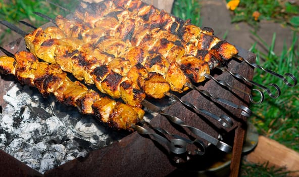 Preparing hot shish kebab on skewers. Shallow DOF