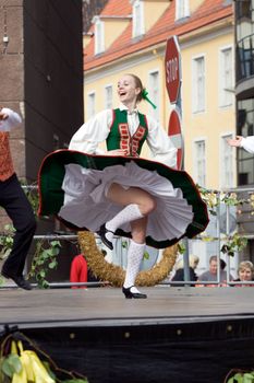 Traditional Latvian folk dancing, performed at the Riga city hall, Latvia, September 27, 2008