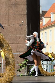 Traditional Latvian folk dancing, performed at the Riga city hall, Latvia, September 27, 2008