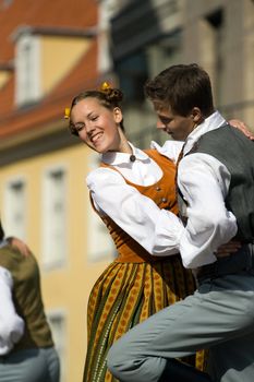 Traditional Latvian folk dancing, performed at the Riga city hall, Latvia, September 27, 2008