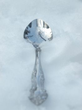 The steel spoon on a snow in a wood      