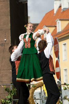 Traditional Latvian folk dancing, performed at the Riga city hall, Latvia, September 27, 2008