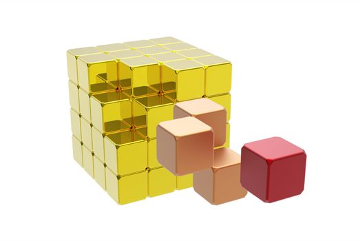 Almost solved puzzle cube isolated on white