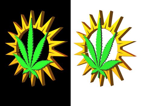 simple sun and hemp symbol on black and white background - 3d illustration