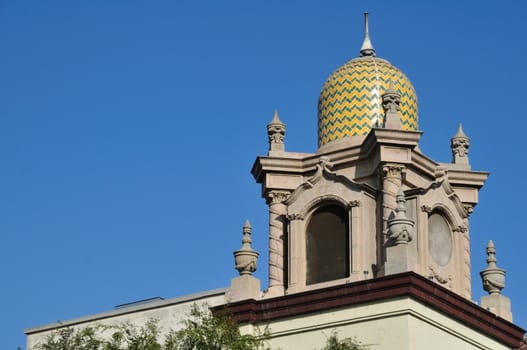 domed steeple of the Plaza Methodist Church on Olvera Street in Los Angeles