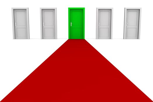 line of five doors, one green door in the middle - red carpet to the green door